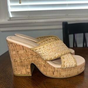 Woven Raffia Platform Cork Heel Slide Sandal size 7M Natural Tan Boho Slip On